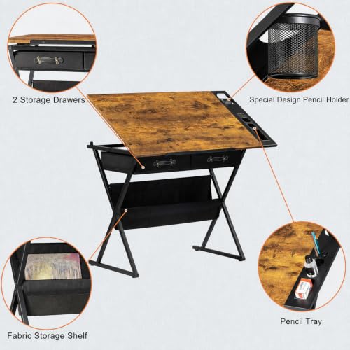 Magicdo Art Desk with Stool and Storage 40.2-Inch Adjustable Drafting Table 0–65° Tilting Wood Top 2 Fabric Drawers Lower Shelf and Side Organizer for Drawing Painting and Crafts Rustic Brown