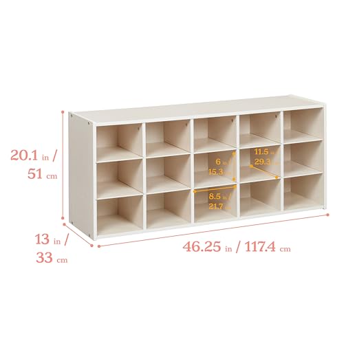 ECR4Kids 15 Cubby Tray Cabinet with Bins, 3x5, White Wash, Blue
