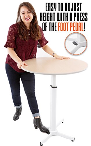 Stand Steady Adjustable Height Round Table - Ergonomic Sit to Stand Desk, Side Table, High Top Cocktail Cafe Table - Ideal for Saving Space and Comfortable Sitting (White/Maple, 31.5in x 28-42.5in)