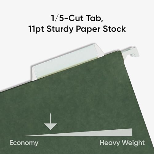 Smead Hanging File Folder, 1/5-Cut Adjustable Tab, Letter Size, Standard Green, Hanging Folders for Filing Cabinets, File Organizer Folder, 50 Count