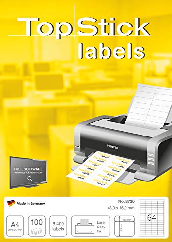 TopStick 8730 Multi-Purpose Labels, 64 Labels Per A4 Sheet, 48.3 x 16.9 mm, 64000 Labels, Self Adhesive, Mini Stickers for Laser and Inkjet Printers, White