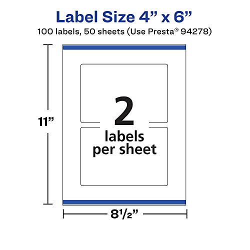 Avery® Matte White Rectangle Labels, Sure Feed® Technology, 4" x 6", 100 White Labels, Print-to-The-Edge, Permanent Adhesive, Laser/Inkjet Printable