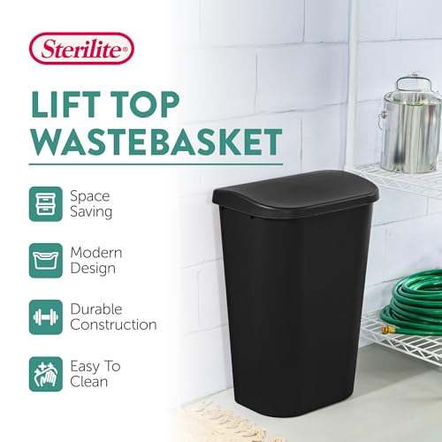 Sterilite 11.3 Gallon D Shape Flat Side Lift Top Lid Wastebasket Trash Can for Kitchen, Home Office, and Garage, or Workspace, Black (12 Pack)
