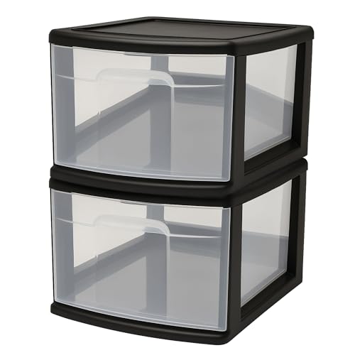 HOMZ Drawer Storage Cart, Wide Plastic Container, Black Frame, 2 Pack