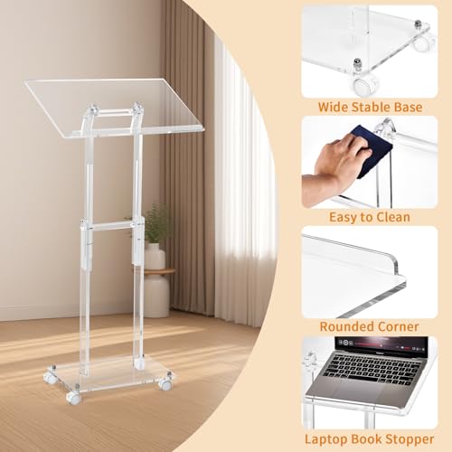 Clear Acrylic Podium Stand with Lockable Wheels, Adjustable Height & Angle