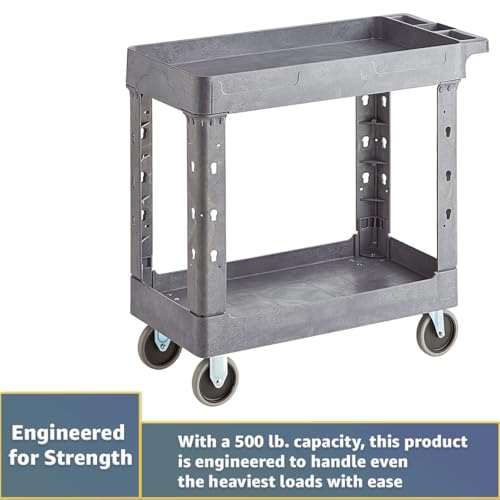 2 Shelf Utility Cart 34"x16" with Handle, Heavy-Duty Commercial Grey Work Rolling Cart, Service Tool Compartments, Movable Storage Trolley Organizer for Warehouse, Garage, Restaurant, Cleaning