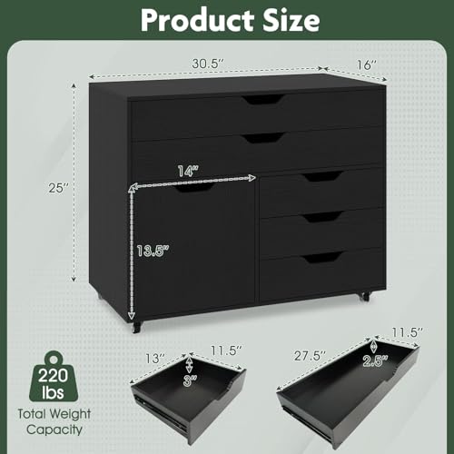LOKO 5-Drawer Mobile File Cabinet, Wood Office Storage Cabinet (Black)