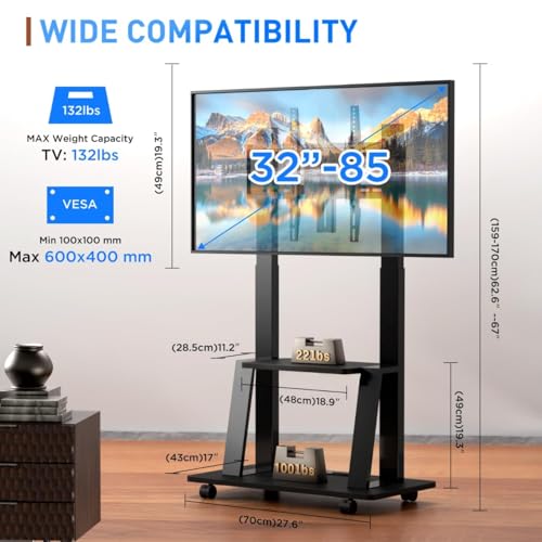 DIOOSN Rolling TV Stand for 32-80 Inch TVs, Mobile TV Cart with Power Outlet, Outdoor TV Stand with Wheels, Portable tv Stands for LCD OLED 4K Flat/Curved Panels Max VESA 600x400mm (Black)