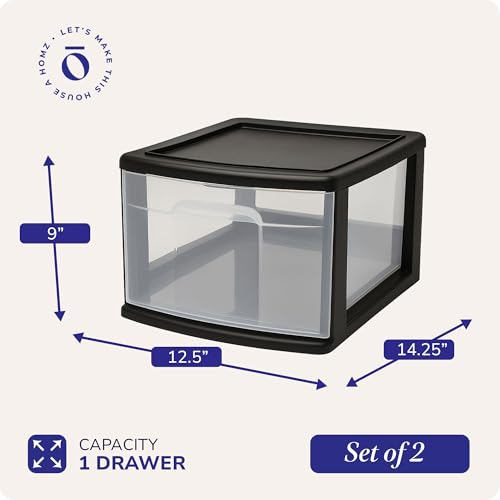 HOMZ Drawer Storage Cart, Wide Plastic Container, Black Frame, 2 Pack