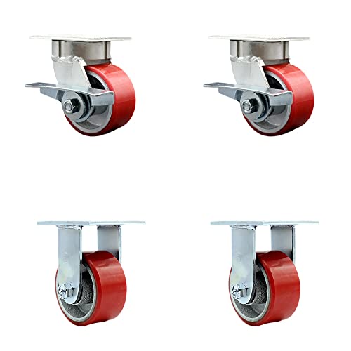 Heavy Duty Kingpinless Swivel Caster Set of 4 with 4 Inch Red Poly on Cast Iron Wheels and Ball Bearings - Includes 2 Swivel with Brakes and 2 Rigid - 2,800 lbs. Total Capacity - Service Caster Brand