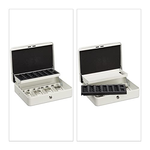 Relaxdays Cash Box, Coin Counter Tray Lockable Portable Change & Notes, H x W x D: 8.5 x 30.5 x 24.5 cm, Iron, White
