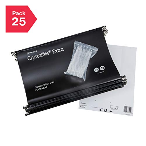 Rexel Foolscap Heavy Duty Suspension Files with Tabs and Inserts for Filing Cabinets, 15 mm Base, Polypropylene, Black, Crystalfile Extra, Pack of 25, 3000080