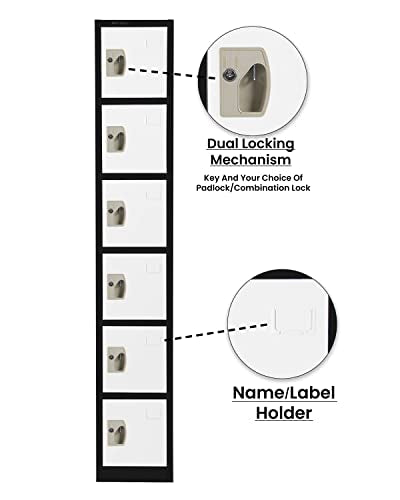 AdirOffice Large School Locker with 6 Doors 6 Hooks Storage Locker - Metal Storage Locker Cabinet Ideal for School, Garage, Office Lockers - (6 Door, Black Body/White Door)