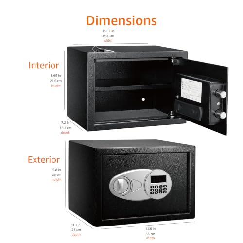Amazon Basics Steel Security Safe and Lock Box with Electronic Keypad, Secure Documents Storage, Black, 0.5 Cubic Feet, 13.8"W x 9.8"D x 9.8"H, Removable Shelf