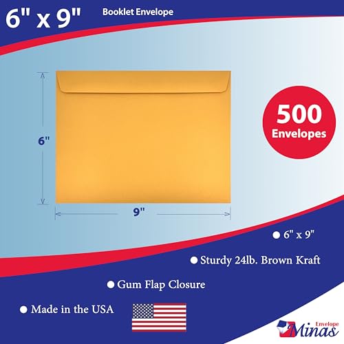 500 Minas Envelope - 6 x 9 Inch Booklet Envelopes Open Side, Brown Kraft 24lb Paper, Strong Gummed Flap, 500 Count, Made in USA