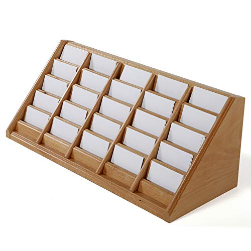 M&T Displays 5 Tiered Wooden Business Desk Card Holder 25 Pockets Natural Wood Desktop Organizer Table Top Decor Display Stand Sign Accessories for Office Restaurant Store Shop Home Decoration