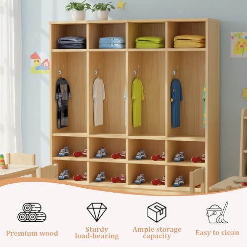 LHIUGE 3-Section Classroom Coat Locker,Kids Cubby Storage Organizer with 9 Cubbies,Wooden Lockers with 6 Hooks,Classroom Cubbies for Home, Office, School, Kindergarten