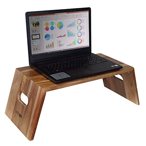 Victor Laptop Stand - Foldable Acacia Wood Standing Desk Converter with Built-In Handles, Portable Workspace for Dorms, Bedrooms, Home Offices, 22" x 13", Brown