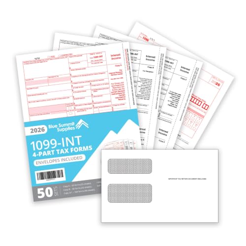 Blue Summit Supplies 1099 INT 2026 Tax Forms Kit, 50 Pk, 4 Part, Envelopes