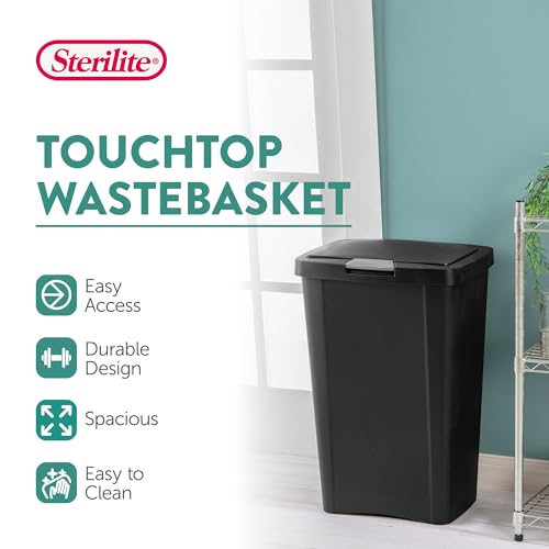 Sterilite 13 Gallon TouchTop™ Wastebasket, Lidded Trash Can, Black, 4 Pack