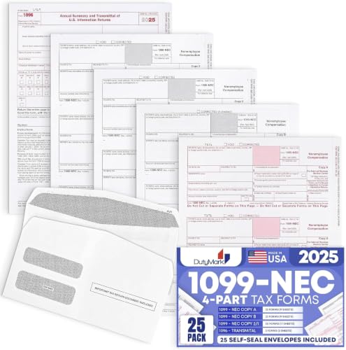 Dutymark 1099 NEC Forms 2025 for 15 Recipients 4 Part Laser Tax Forms Kit, 3 1096 Forms, 15 Security Self Seal Envelopes, Compatible with QuickBooks and Accounting Software, 2025 1099 NEC (25)