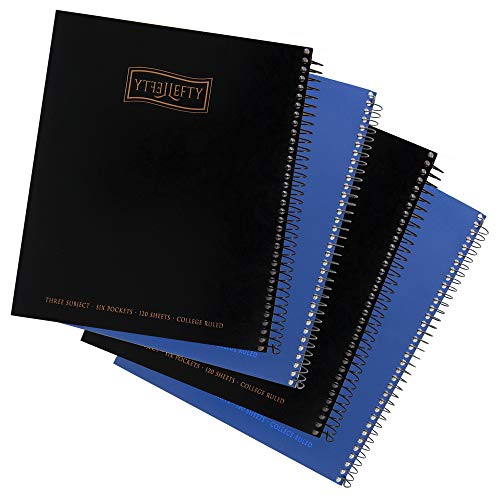 Left-Handed 3 Subject Spiral Notebooks Plain Color, Set of 4, Black & Blue