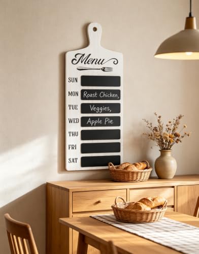 Breadboard Style Wooden Chalkboard Menu Planner, Farmhouse Weekly Meal Plan Sign with “MENU” Lettering & Fork Icon, Includes Erasable Pen, 8.6" x 23.6" Kitchen/Dining Room Decor & Meal Organizer