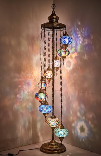 DEMMEX Turkish Moroccan Mosaic Floor Lamp, 9 Globes, 6ft Tall – Tiffany Style Decorative Standing Lamp with Colorful Globes for Bedroom, Living Room, Entryway – Handmade in Turkey, Multicolor