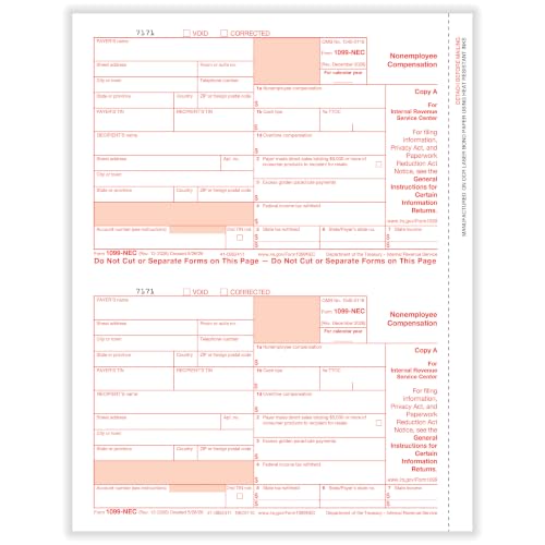 ComplyRight 1099-NEC 3-Part, 2-Up, Tax Forms Set with Self-Seal Envelopes (100 Recipients), Tax Filing Supplies