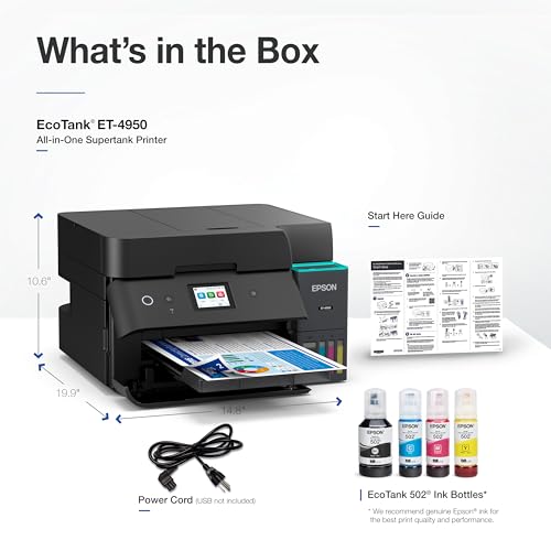 Epson EcoTank ET-4950 Wireless Duplex All-in-One Cartridge-Free Supertank Color Inkjet Printer, Fax, Black