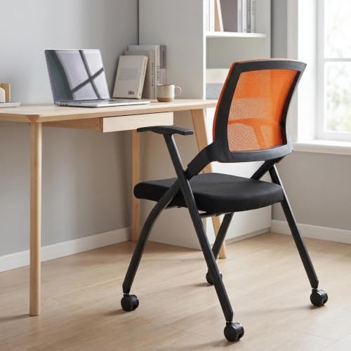 1 Pack Folding Conference Room Chair with Wheels, Orange Backrest