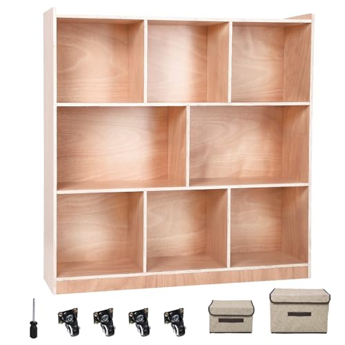 AutoSteelix 8-Compartment Storage Cubby, Mobile Storage Cabinet for Classrooms, Daycare Toy Shelves with 4 Casters, 2 Storage Boxes for Home, School, Kindergarten