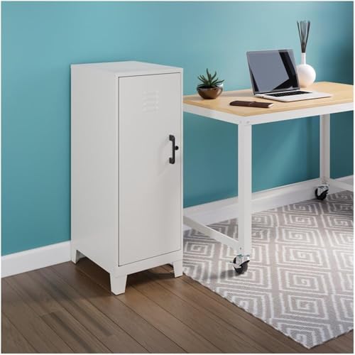 Pemberly Row 42.5" H 3-Shelf Metal Storage Locker Cabinet, Pearl White Finish, Welded Steel Construction, Locking Hinged Door, Fully Assembled, Industrial Style for Office, Classroom, or Garage Use