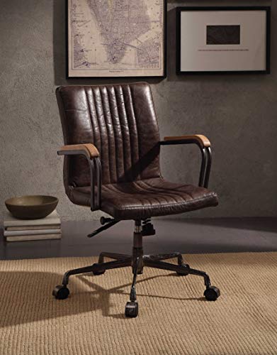 HomeRoots Top Grain Leather, Metal, 22" X 26" X 35-3" Distressed Chocolate Top Grain Leather Executive Office Chair