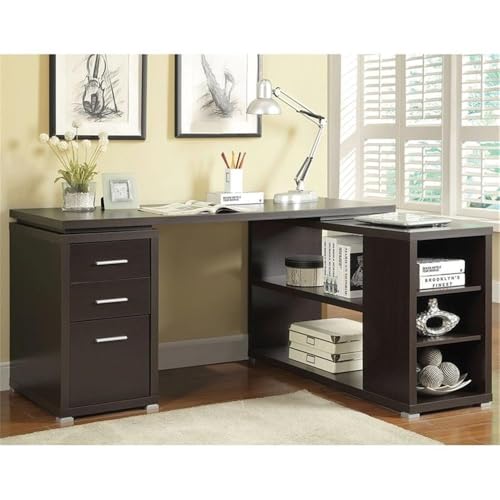 Scranton & Co L-Shaped Wood Writing Desk, Cappuccino Finish, 60" W x 47.25" D x 29.5" H, MDF and Laminate, 3 Drawers, Shelves, Reversible Setup, Contemporary Home Office Desk with Storage