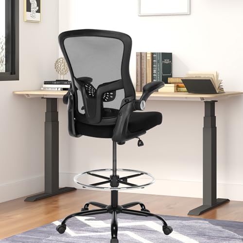 Drafting Chair,Tall Office Chair, Ergonomic Standing Desk Chair with Flip-up Armrests,Mid-Back Counter Height Computer Task Chair with Lumbar Support and Adjustable Footrest Ring,Black