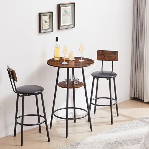 BeePeep 3 Pieces Round Bar Height Table and Chairs Set, Round Bar Dining Table Set, upholstered Stool with backrest, Pub Table and Chairs for Kitchen Small Space,Rustic Brown