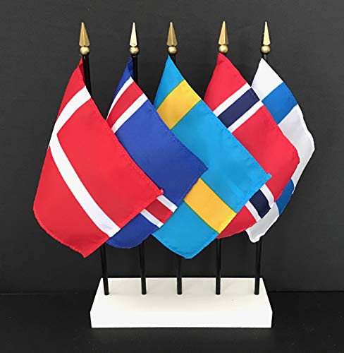 Scandinavian 5-Flag Set 4x6 Rayon Mini Desk Flags, Made in USA, White Base