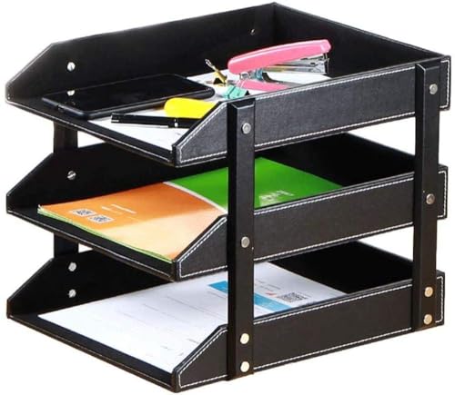 MNBVH File Racks Letter Trays File Racks 3-Layer Removable Wood PU Leather Desktop Filing Document Tray Stackable Document Tray(Color:B)
