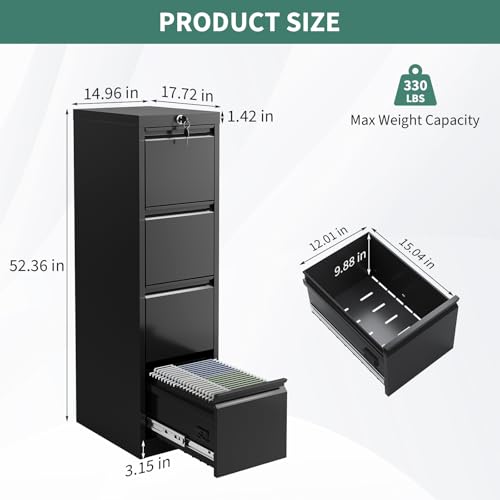FinerFurnis 4-Drawer Metal File Cabinet with Lock - Heavy Duty Vertical Filing Cabinet for Letter, Legal, A4, F4 Documents - Secure Home Office Storage - Color: Black