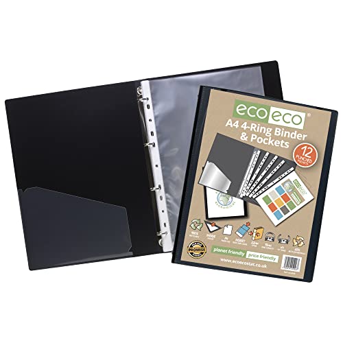 eco-eco A4 65% Recycled Presentation 4 O Ring Binder with 12 Multi Punched Pockets, 22mm Spine, Pack of 12 Black, eco046x12