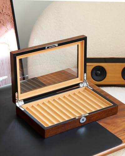 Besforu Wooden Pen Display Case – 12 Slot Lockable Fountain Pen Storage Box, Brown Collectors Display with Glass Top, Gift for Men