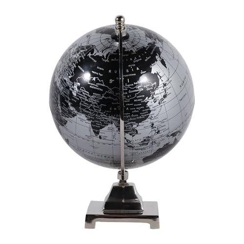 Modern Metal Globe for Home Decor - Desktop Globe Ornament for Office or Living Room Decor - Transitional Metal Design with Detailed Map for Shelf or Coffee Table Display - 12", Black & Silver