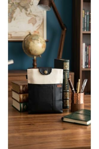 Book Cover Case for Planners and Notebooks Multifunctional Pocket Bag Black Faux Leather and Woven Fabric Design Handmade