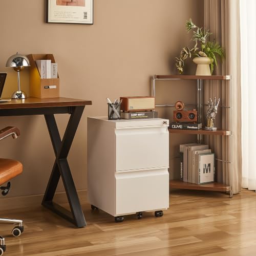Approgreent 2 Drawer Metal File Cabinet, Fully Assembled Locking Filing Cabinet with Anti-Tipping Wheels, Quiet Slide, Heavy-Duty Steel Construction, Fits A4 Letter Legal for Home Office, Matte White