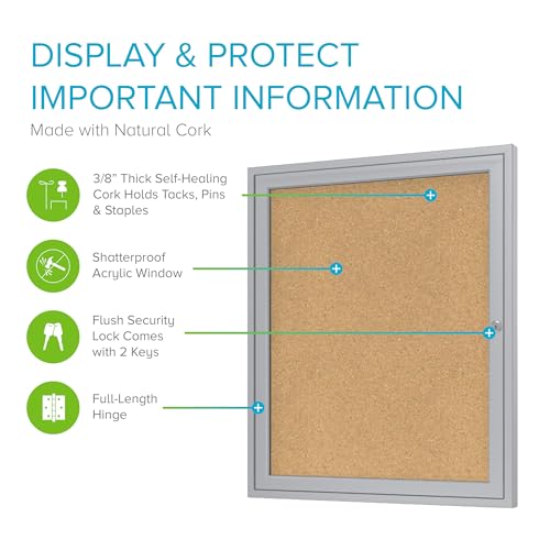 Ghent 24"x18" 1-Door indoor Enclosed Bulletin Board, Shatter Resistant, with Lock, Satin Aluminum Frame - Natural Cork (PA12418K) Made in the USA