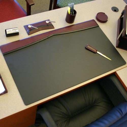 Dacasso 34" x 20" Burgundy with Black Trim Leather Desk Pad w/Top Rail - Executive Desk Surface Protector - Luxury Leather Blotter for Writing