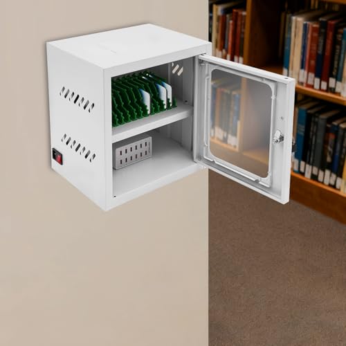 12/20-Unit Charging Cabinet for Laptops & Tablets, Locking Laptop Storage Charging Box, Cell Phone Charging Station for iPad, Tablets for Schools & Offices, Visible Window (White, 12-Unit)