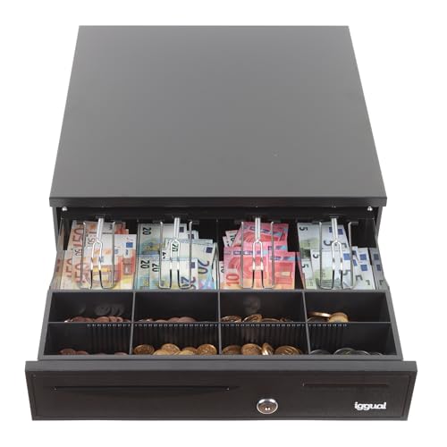 iggual IRON-20 Cash Box – Manual or Automatic Cash Register Box RJ11 (12 V) Compartment: x4 Bills and x8 Coins, Lock 3 Positions Lock, 42 x 40.5 x 10 cm. Black Steel Housing