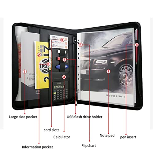 ZXHFSH Document Organizer Folio,Leather Binder, A4 Padfolio Portfolio 3-Ring Organizer Binder PU Leather Folder Business Document Notebook Zippered Portfolio for Women/Men(Black C)